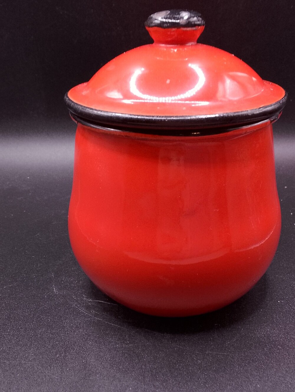 Red/Black/White Enamel/Metal Sugar Bowl W Lid Japan